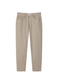 Beige cotton pants with a slim fit, featuring a standard waistband, front pockets, and a subtle stitching detail along the seams.
