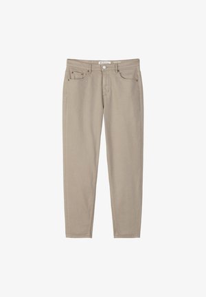 Beige cotton pants with a slim fit, featuring a standard waistband, front pockets, and a subtle stitching detail along the seams.