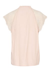 Top rosa chiaro con maniche corte in pizzo, scollatura arricciata e tessuto liscio. Presenta una vestibilità rilassata e un design semplice ed elegante.