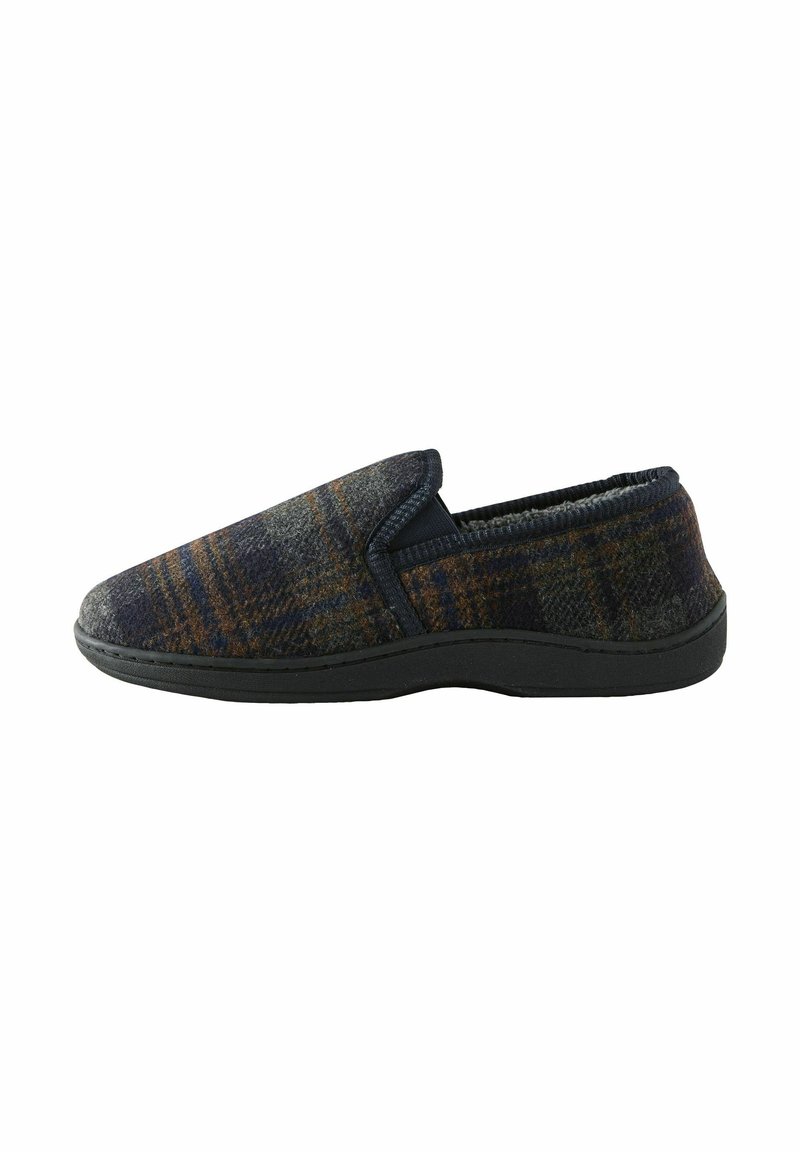 Pantofole blu e grigie foderate in pile con un motivo a quadri e suola in gomma nera, caratterizzate da un design senza chiusura per una facile indossabilità.