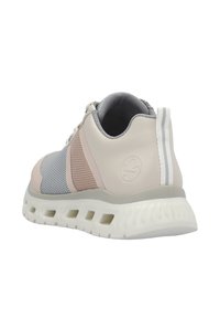 Leichtgewichtiger Sportschuh in Beige, Grau und Pink mit Mesh-Einsätzen, runder Zehenform und strukturiertem Profil für besseren Halt. Reflektierende Akzente an der Ferse.