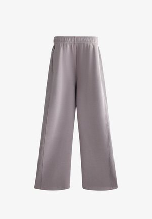 Široke hlače od svijetlo sive tkanine, s elastičnim pojasom, bočnim džepovima i glatkom teksturom. Bez vidljivih uzoraka ili ukrasa.