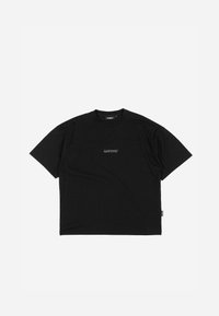 Black cotton T-shirt with short sleeves, featuring a horizontal seam and a discreet "wasted" logo in gray across the chest.