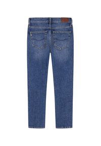 Jeans de denim azul con corte recto, que cuentan con una cinturilla, dos bolsillos traseros y una etiqueta de cuero en la cintura.