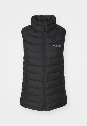 Črn izoliran napihnjen brezrokavnik z visokim ovratnikom, zadrgo, stranskimi žepki in quilted obliko. Ima logotip Columbia na sprednji strani.