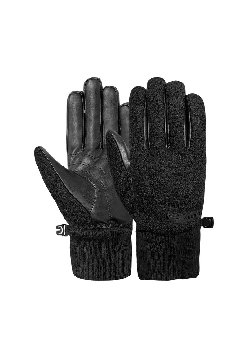 Schwarze Handschuhe mit einer Lederhandfläche und einem gestrickten Stoffrücken. Gerippte Bündchen, weiche Textur und ein verstellbarer Riemen für einen sicheren Sitz.