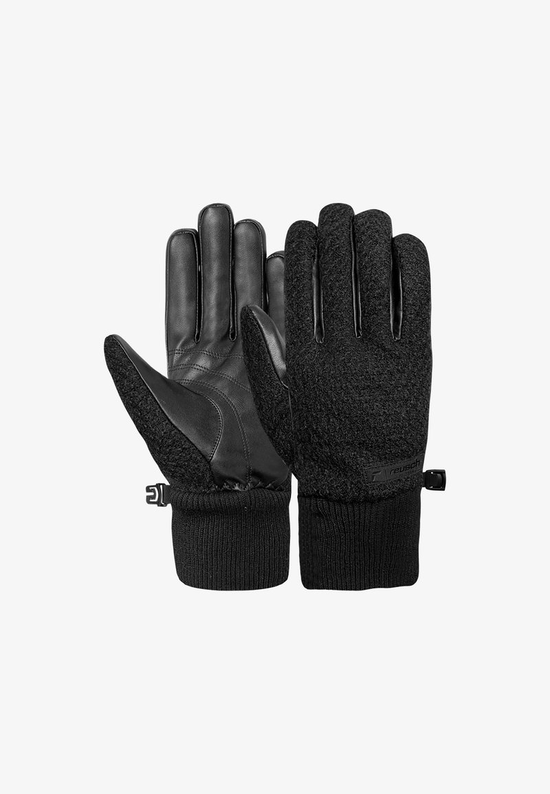 Schwarze Handschuhe mit einer Lederhandfläche und einem gestrickten Stoffrücken. Gerippte Bündchen, weiche Textur und ein verstellbarer Riemen für einen sicheren Sitz.