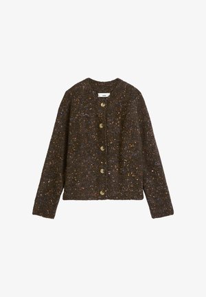 Brauner Cardigan aus strukturiertem Material mit mehrfarbigen Sprenkeln, verfügt über einen Rundhalsausschnitt und sechs goldfarbene Knöpfe vorne.
