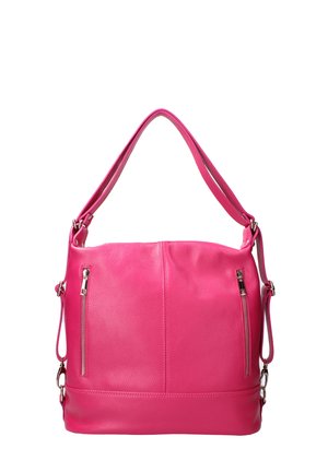 Borsa a tracolla in pelle rosa con una texture liscia, dotata di due tasche laterali con zip, spallaccio regolabile e un design strutturato.