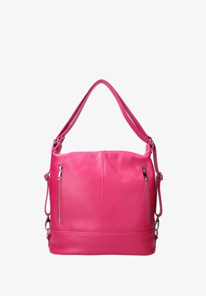 Rosa Lederhandtasche mit glatter Textur, ausgestattet mit zwei seitlichen Reißverschlusstaschen, verstellbarem Schultergurt und einem strukturierten Design.