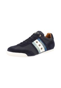 Navy blue sneaker with suede and mesh material. Features white and teal stripes, three gold stars, and a slender rubber sole.
