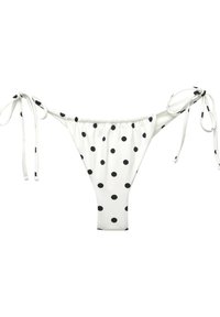 White bikini bottom with black polka dots, featuring adjustable tie sides and a snug fit. Soft fabric with a smooth texture.