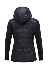 Hooded black jacket features quilted chevron patterns on the back, combined with smooth, stretchy fabric on the sleeves and sides.
