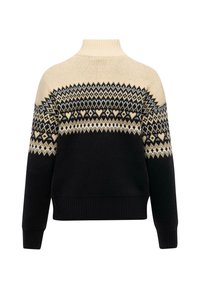 Sweter z wysokim kołnierzem z beżową górną częścią, czarną dolną częścią oraz wzorzystą, geometryczną dzianiną w czerni, beżu i bieli wzdłuż klatki piersiowej i rękawów.