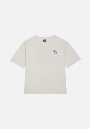 T-shirt écru à manches courtes avec col rond, petit motif montagne et texte « trendsplant » sur le côté gauche de la poitrine.