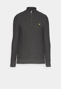 Dunkelgrauer gerippter Strickpullover mit hohem Kragen und Viertelreißverschluss, mit einem kleinen gelben Logo auf der linken Brust.