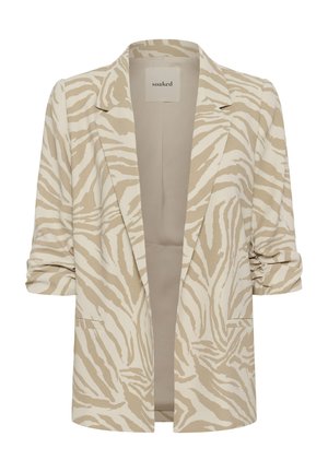 Beež ja valge sebratriibuline bleiser, millel on kortsus varrukad, sälguline krae, avatud esi ja kaks eesmist taskut.