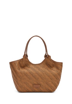 Borsa a spalla intrecciata marrone con due manici e una piccola toppa rettangolare in pelle sulla parte anteriore.