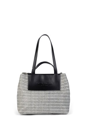 Gray textured tote bag with black leather top panel and double handles, featuring embossed brand name on front.