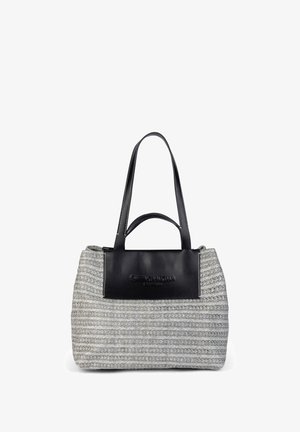 Grijze gestructureerde shopper met zwart leren bovenpaneel en dubbele handvatten, met geperst merkembleem aan de voorkant.