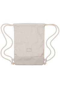 Béžová taška na stahovací šňůrku vyrobená z látky s hladkou texturou, s obdélníkovým tvarem, světlými barevnými akcenty a s logem našitým v dolní části.