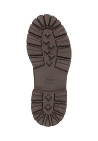 Semelle en caoutchouc brun avec des rainures profondes et des motifs en forme de diamant en relief, présentant des contours prononcés et une finition texturée. Logo présent.