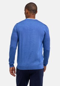 Blauer Strickpullover mit langen Ärmeln und Rundhalsausschnitt. Er hat eine glatte Textur sowie gerippte Bündchen und einen gerippten Saum.