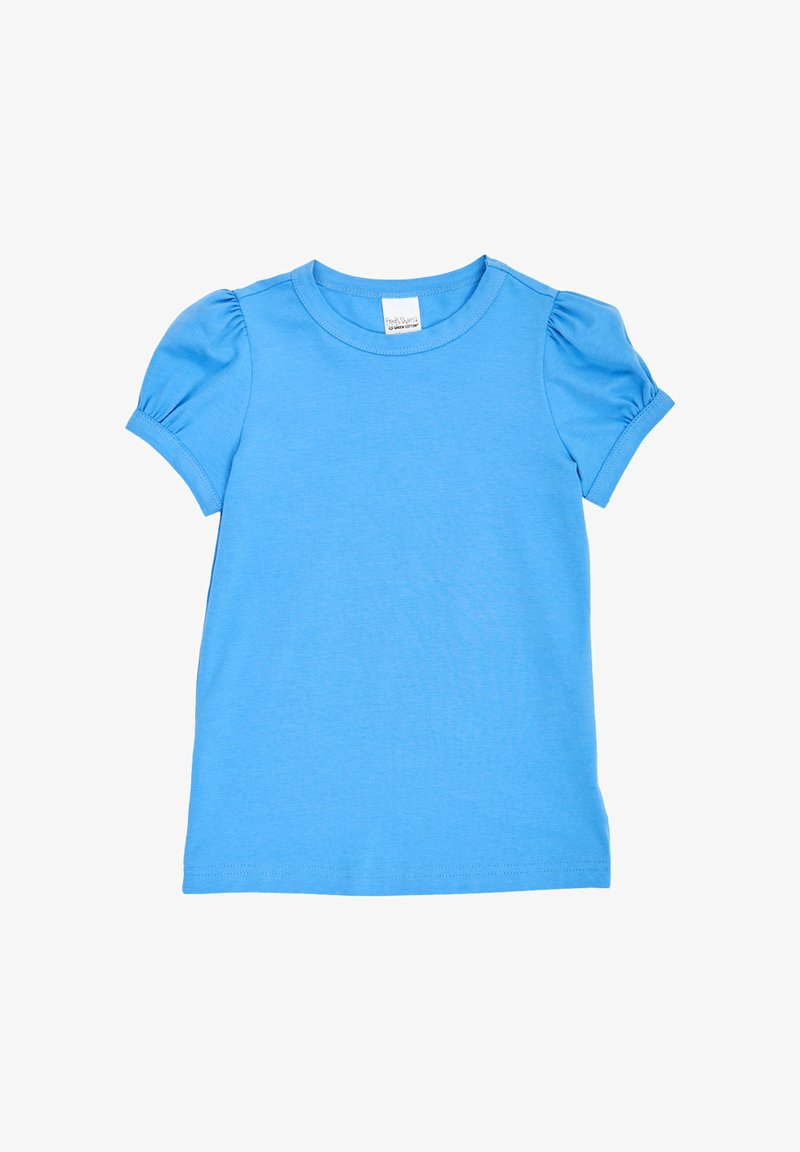 Chemise pour fille bleu clair uni à manches courtes avec manches bouffantes et encolure ronde, présentée à plat sur fond blanc.