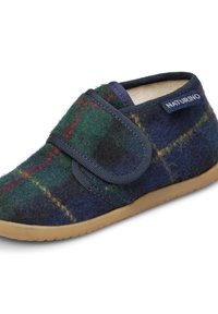 Wollen schoenen met een donkerblauw en groen ruitpatroon met rode en gele accenten. Sluiting met een klittenbandsluiting; rubberen zool.