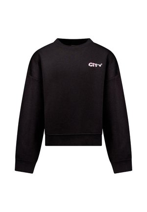 Zwarte cropped sweatshirt gemaakt van zachte stof, met lange mouwen en een ronde halslijn. Een roze tekstlogo "City" staat op de bovenste linkerborst.