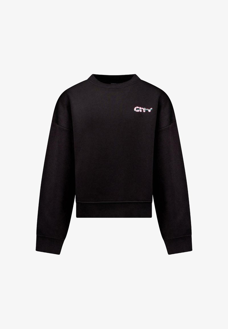 Zwarte cropped sweatshirt gemaakt van zachte stof, met lange mouwen en een ronde halslijn. Een roze tekstlogo "City" staat op de bovenste linkerborst.