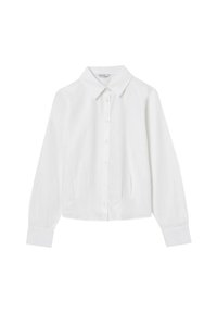 Camicia bianca a maniche lunghe con colletto classico, texture morbida e polsini elasticizzati. Presenta una leggera lucentezza e una vestibilità sagomata.