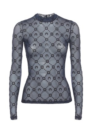 Top trasparente a maniche lunghe con collo alto in rete blu scuro, decorato con motivi a mezzaluna neri e floreali in una griglia a diamante.