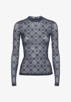 Top trasparente a maniche lunghe con collo alto in rete blu scuro, decorato con motivi a mezzaluna neri e floreali in una griglia a diamante.