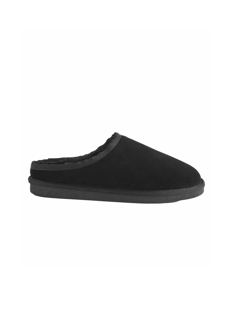 Schwarze Wildleder-Slipper mit einem weichen Innenfutter und einer strukturierten Sohle, die eine geformte Kante für zusätzlichen Detailreichtum aufweist.