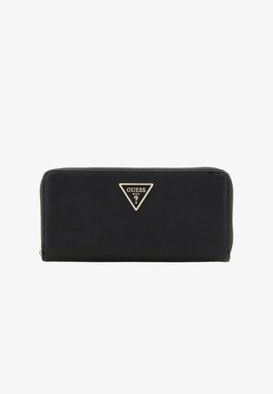 Portefeuille en cuir noir avec une surface texturée, comportant un accent logotype triangulaire doré. Fermeture zippée, forme rectangulaire, bords lisses.