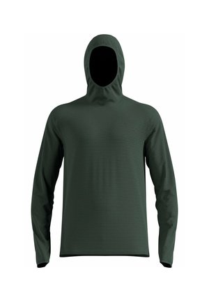 Green hooded long-sleeve top made of textured material with a slightly fitted shape. Features a high collar and minimalistic design.