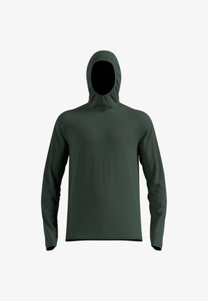 Green hooded long-sleeve top made of textured material with a slightly fitted shape. Features a high collar and minimalistic design.