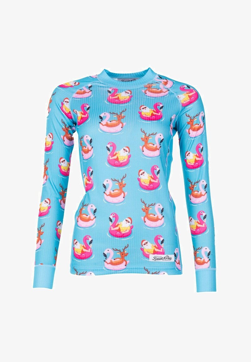 Long-sleeve blue shirt with a pattern of cartoon animals on inflatable rings, featuring vibrant colors and a ribbed texture.