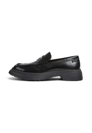 Black leather loafer with a thick rubber sole, penny strap, and rounded toe, shown in side profile on white background.