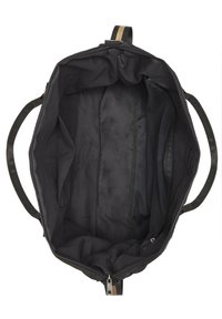 Black canvas bag with a zippered closure, featuring multiple interior pockets, smooth texture, webbed handles, and a minimalist design.