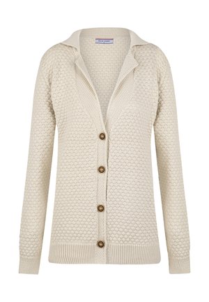 Cardigan en tricot crème avec un motif texturé, col ouvert et cinq boutons marron sur le devant. Manches et ourlet côtelés.