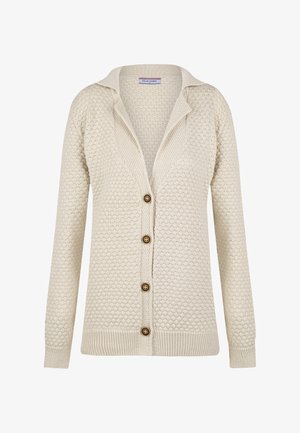 Crème gebreide cardigan met een textuurpatroon, open kraag en vijf bruine knopen aan de voorkant. Geribde manchetten en zoom.