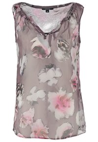 Blusa trasparente senza maniche di un grigio chiaro con grandi fantasie floreali in rosa e bianco. Presenta un collo a V e dettagli arricciati sulle spalle.