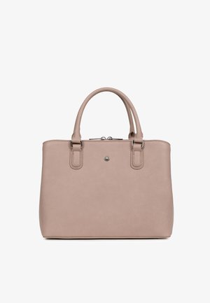 Sac à main en cuir beige avec deux poignées arrondies, fermeture éclair argentée sur le dessus et petit logo métallique rond au centre avant.
