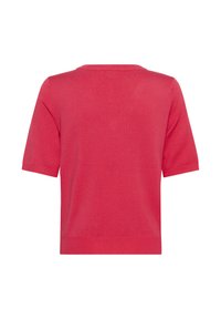 Sweter z krótkim rękawem w jaskrawym różu, bezszwowa konstrukcja, okrągły dekolt, ściągacze u dołu rękawów i u dołu, wykonany z lekkiego materiału dzianinowego.