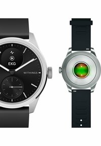 Orologio smartwatch nero con lunetta argentata, display EKG, due quadranti e cinturino in gomma. Sensore verde sul retro per il monitoraggio della salute.