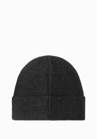 Mörkgrå stickad mössa med ribbad textur och vikbar kant. Mjukt tyg med en tajt passform, designad för värme och komfort.