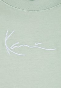 Jasnozielona bluza z logo na piersi, prezentująca białe haftowane napisy z przodu. Gładki materiał, okrągły dekolt i delikatne przeszycia.