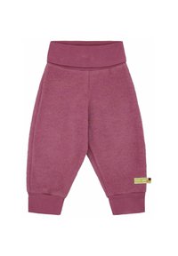 Pantaloni per bambino in un morbido colore malva, con una cintura larga e polsini, caratterizzati da un piccolo etichetta in tessuto sulla gamba.